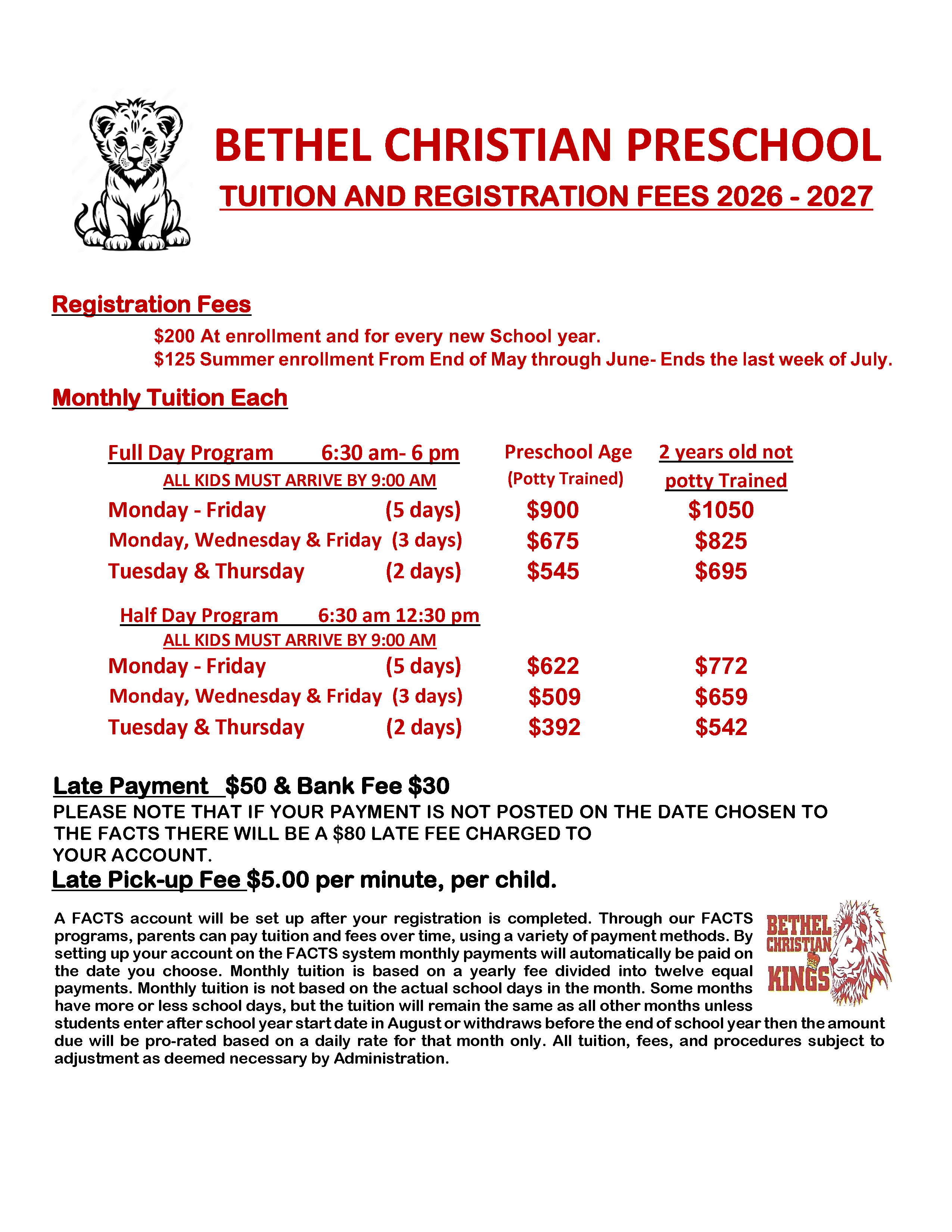 Preschool Tuition and Fees 2026-2027